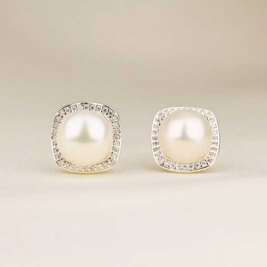 Sqaure Silver Pearl Stud
