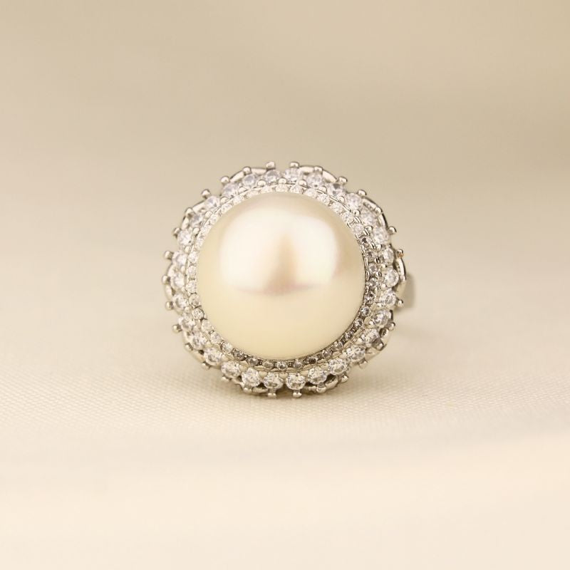 Round Pearl Zirconia Silver Ring