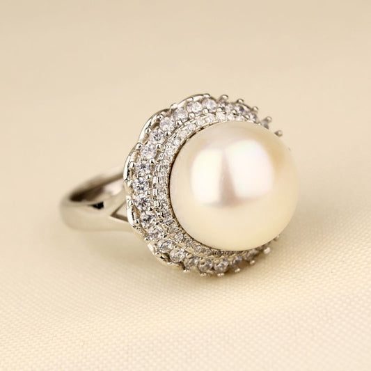 Round Pearl Zirconia Silver Ring